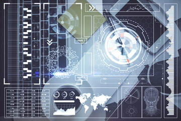 Double exposure of data drawing hologram over topview of study desk background with computer. Concept of Ai.