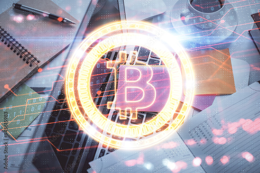 Poster Blockchain theme hologram drawings over computer on the desktop background. Top view. Multi exposure. Concept of cryptoeconomy.
