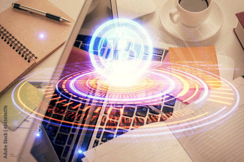 Poster blockchain theme hologram drawings over computer on the desktop background. top view. multi exposure