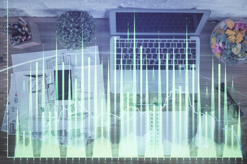 Multi exposure of financial chart drawing over table background with computer. Concept of research. Top view.