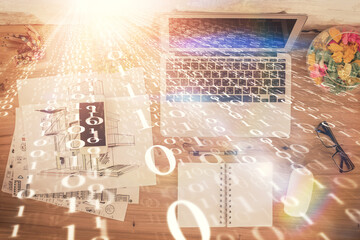 Double exposure of data theme drawing hologram over topview work table background with computer. Concept of technology.