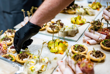 Chef hand is in process of Preparing catering food on table