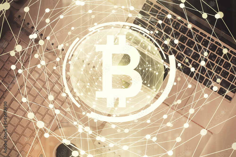 Poster blockchain theme hologram drawings over computer on the desktop background. top view. double exposur