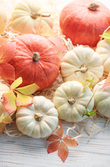 Thanksgiving or harvest flatlay with pumpkins