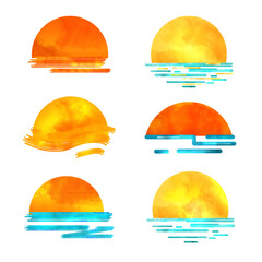 Sunset on the sea. Illustration in watercolor style. Set.