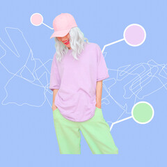 Contemporary digital collage art. Fashion concept. Trendy shades of clothes. Summer urban look,...