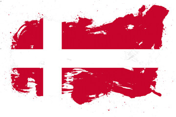 Denmark flag with painted grunge brush stroke effect on white background