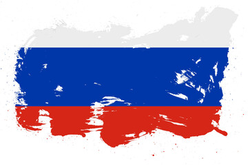 Russia flag with painted grunge brush stroke effect on white background