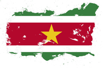Suriname flag with painted grunge brush stroke effect on white background