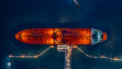 Aerial top view industrial crude oil fuel tanker ship at terminal industrial port,  Tanker ship...