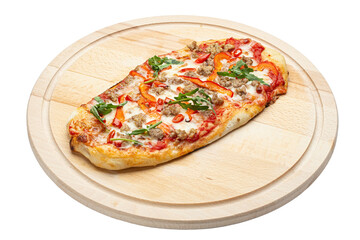 Delicious pizza served on wooden plate isolated on white background. Pizzeria menu. Concept poster for Restaurants or pizzerias. File contains clip