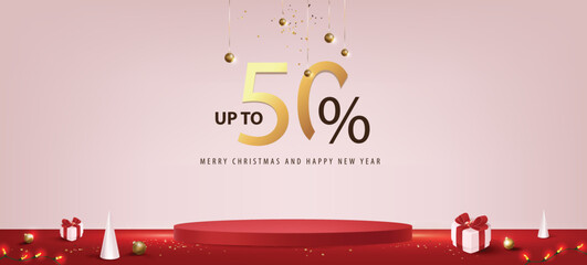 Merry Christmas sale promotion banner with product display and festive decoration