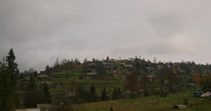 autumn carpathians, slavske, western ukraine, timelapse in the mountains, clouds and fog fly by quickly.