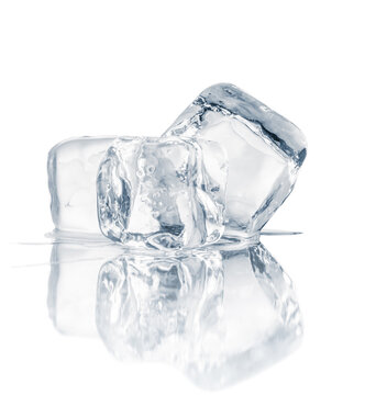 Natural crystal clear melting ice cubes on white background with mirror reflection.