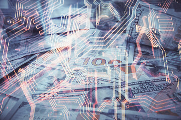 Double exposure of tech theme drawing over usa dollars bill background. Concept of technology.
