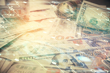 Double exposure of data theme drawing over us dollars bill background. Technology concept.