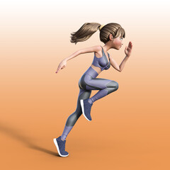Fototapeta na wymiar 3D render illustration. Cartoon character woman in black sportswear running