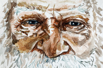 An old man with sad eyes. Modern watercolor painting.