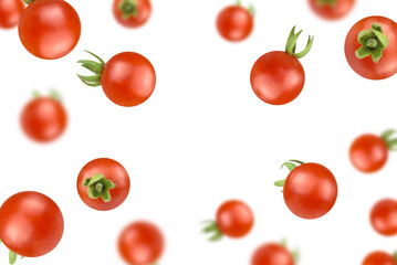 Levitation of cherry tomatoes isolated on transparent background, copy space.