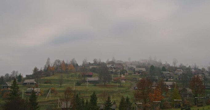 autumn carpathians, slavske, western ukraine, timelapse in the mountains, clouds and fog fly by quickly.