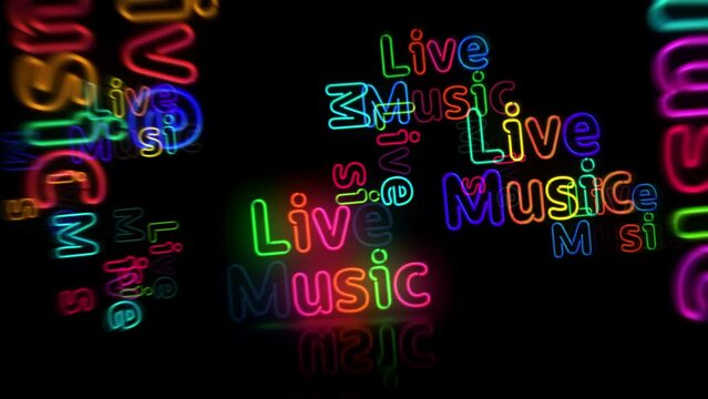 Live Music neon symbol. Light color bulbs. Retro style nightlife club, entertainment and musical night party abstract seamless and loopable concept. 3d flying through the tunnel animation.