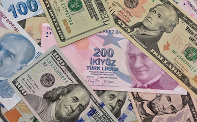 Fototapeta na wymiar various banknote images. Turkish lira and us dollar photos.
