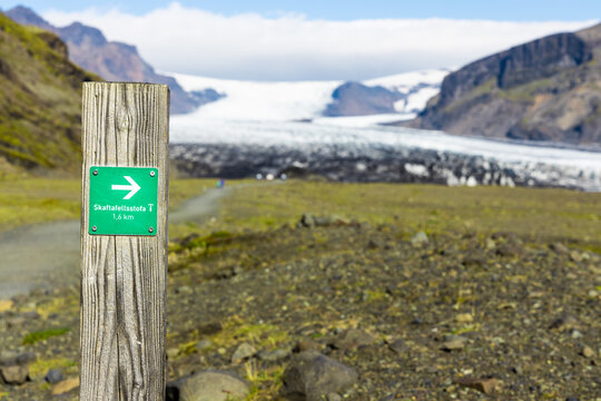 Hiking signpost direction to Skaftafellsstora glacier within Vatnajokull National Park Iceland.
