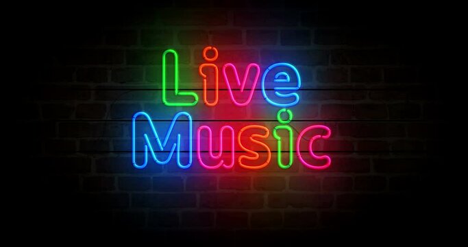 Live Music neon symbol on brick wall. Retro style nightlife club, entertainment and musical night party light color bulbs. Loopable and seamless abstract concept animation.