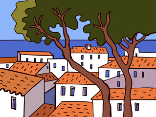 Mediterramean white town with pine-tree