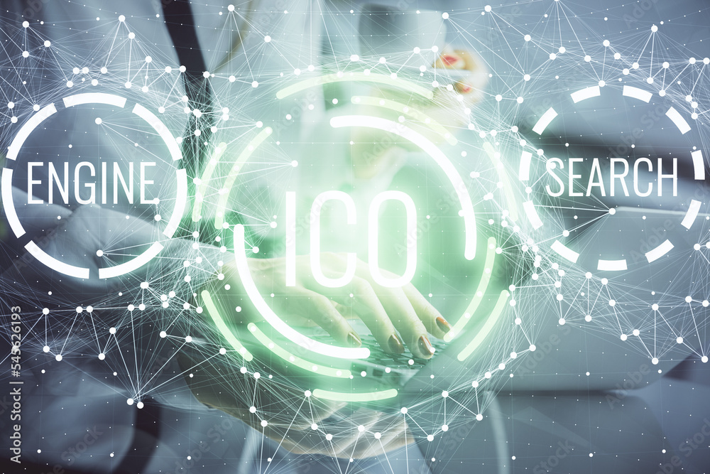 Poster double exposure of woman hands typing on computer and crypto market theme hologram drawing. blockcha