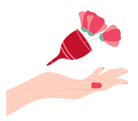 Hand with a menstrual cup and flowers. Eco protection for woman in critical days. Feminine hygiene.  Zero waste.