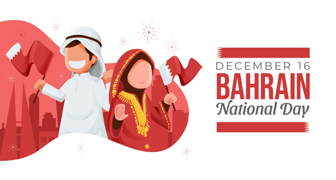 Bahrain National Day With Cartoon Kids Holding Flag Illustration Concept