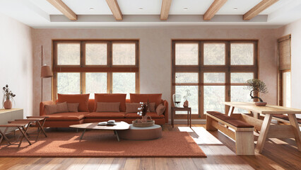 Minimalist living and dining room in white and orange tones. Fabric sofa and wooden dining table with benches. Japandi interior design