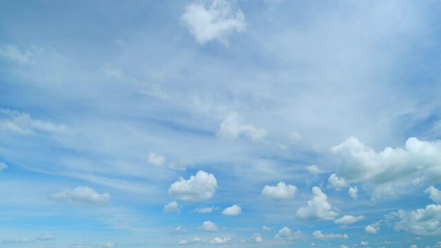 Fluffy layered clouds sky atmosphere. Puffy fluffy white clouds. Formation cloud sky scape. Timelapse.