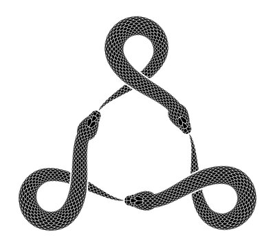 Vector tattoo design of three snakes bites tails in the form of a triquetra knot sign.  Isolated silhouette of triangular ouroboros symbol.