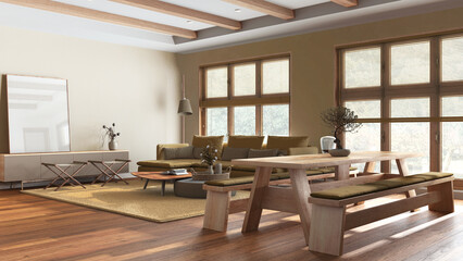 Japandi living and dining room in white and yellow tones. Fabric sofa and wooden dining table with benches. Minimalist modern interior design