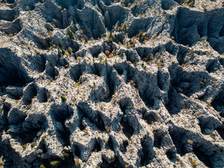 Aerial images of deep wells, unusual karst formations and snow pits