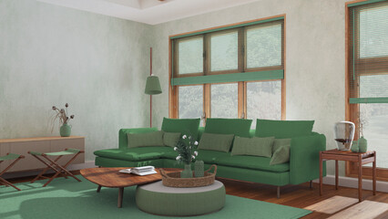Modern living room in white and green tones. Fabric sofa, wooden furniture and parquet floor. Japandi interior design