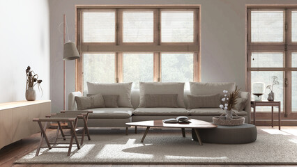 Japandi minimalist living room in bleached and beige tones. Fabric sofa, wooden furniture and parquet floor. Modern interior design