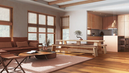 Minimalist living, dining room and kitchen in orange and beige tones. Fabric sofa, dining table with benches and island. Japandi interior design