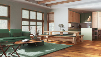Minimalist living, dining room and kitchen in green and beige tones. Fabric sofa, dining table with benches and island. Japandi interior design