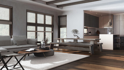 Minimalist living, dining room and kitchen in dark and beige tones. Fabric sofa, dining table with benches and island. Japandi interior design