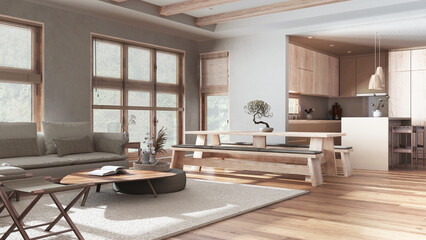 Minimalist living, dining room and kitchen in bleached and beige tones. Fabric sofa, dining table with benches and island. Japandi interior design