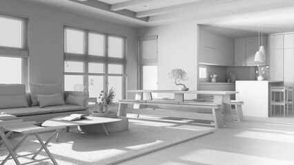 Total white project draft, minimalist living, dining room and kitchen. Fabric sofa, dining table with benches and island. Japandi interior design