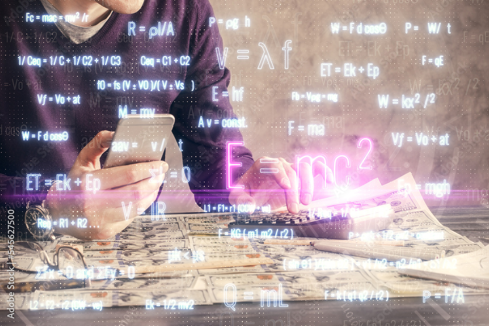 Poster double exposure of man's hands holding and using a phone and formulas drawing. education concept.