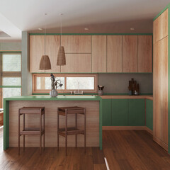 Minimalist kitchen in green and beige tones with island and stools. Wooden cabinets, appliances and decors. Japandi interior design