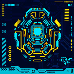 Scuba diving helmet cyberpunk blue design with dark background. Abstract technology vector illustration.