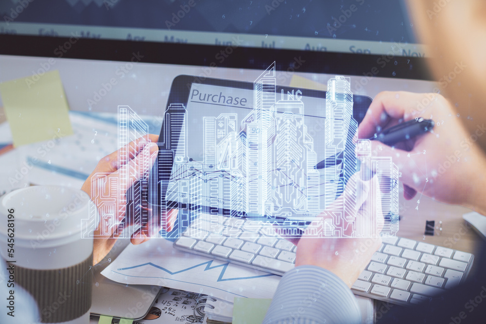 Poster double exposure of man's hands holding and using a digital device and city drawing.