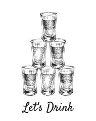 Lets Drink. Alcoholic drinks in shot glasses. Hand Drawn Drink Vector Illustration. © martstudio