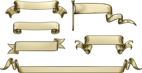 A set of parchment scrolls or paper ribbon banners and flags in a vintage retro woodcut style